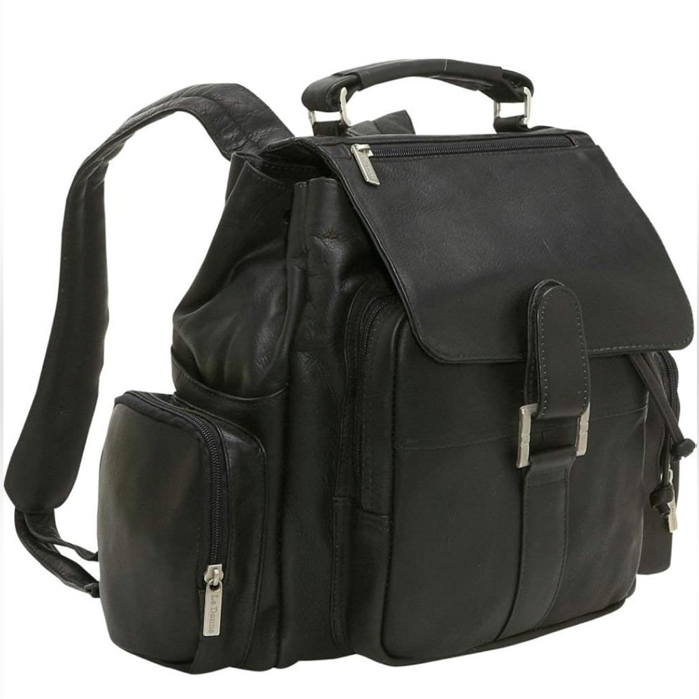 Le Donne Black Full-Grain Leather Multi-Pocket Backpack Colombian Cowhide